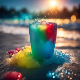 red green yellow blue ice slushy in beach , sharp focus, high contrast, dark tone, bright vibrant colors, cinematic masterpiece, shallow depth of field, bokeh, sparks, glitter, 16k resolution, photorealistic, intricate details, dramatic natural lighting