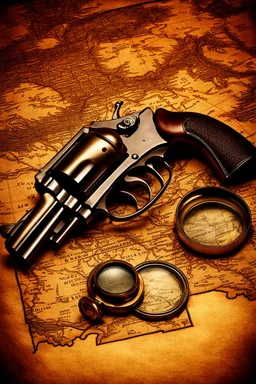 old wildwest revolver laying on an old map next to a magnifying glass, hyper realistic