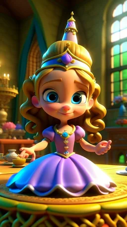 With ribbons and bows, and a table so neat, She readies the castle for a magical feat. The aroma of tea, in the air, starts to twirl, As Princess Penelope invites every boy and girl. , cartoon,3D