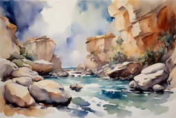 Clouds, rocks, cliffs, rocky land, sci-fi and fantasy, beyond and trascendent, 90's sci-fi movies influence, john singer sargent watercolor paintings