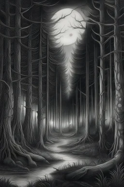 hyper realistic pencil drawing mystical forest bathed in moonlight, populated by abstract silhouettes