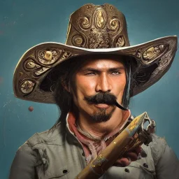 Insanely detailed photograph of an “ a mustachioed cowboy warrior "with worn Sombrero, handsome charo,cigar,glowing D20 in outstretched hand, hyperdetailed painting by Ismail Inceoglu Huang Guangjian and Dan Witz CGSociety ZBrush Central fantasy art album cover art,8K, hdr, mysterious, flickeringlights ,Stoic