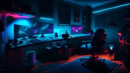 Dimly lit gaming room, with a single desk with a gaming PC, two monitors on the desk, gaming chair, bed in the background, the room is filled with neonlights, night time, atmospheric, detailed.