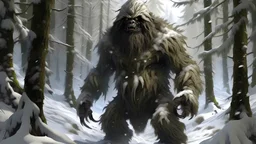 large humanoid hairy monster in the snowy forest