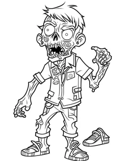 outline art for halloween coloring pages for kids with cartoon cute happy zombie , white background, Sketch style, full body, only use outline, clean line art, white background, no shadows and clear and well outlined, coloring page for kids, kawaii style