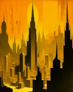 A golden Arabian megalopolis in luminous light painted by Lyonel Charles Feininger