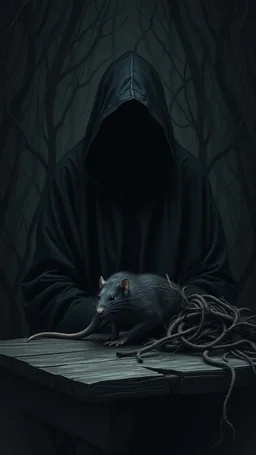 A hooded black shadow creature with no face in the background of black vein, human veins, mixing together a lot of them, like a forest, big an ball small veins a lot of them, a dead rat sitting on an old broken table