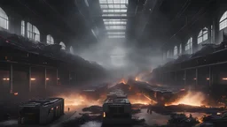 A giant supercomputer in the center of an industrial warehouse, burning and destroying itself, surrounded by a multitude of robots fleeing in terror