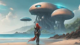 A Long-Haired Woman In A Robotic-Looking Catsuit Standing On A Beach, With Flying Mushrooms with Jellyfish Tentacles, and a crashed Spaceship lying in the water, and a Forest in the distance