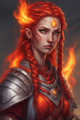 Female paladin Druid. Hair is long and bright red. It has some braids and looks like it is on fire. Eyes are noticeably, fire reflects. Makes fire with hands. Has a big scar over whole face