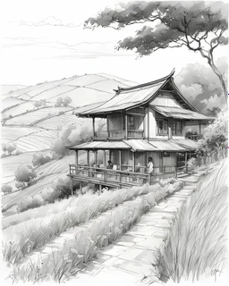 in a tea plantation , a cottage in the tea plantation hill side, pen line sketch Inspired by the works of Daniel F. Gerhartz, with a fine art aesthetic and a highly detailed, realistic style