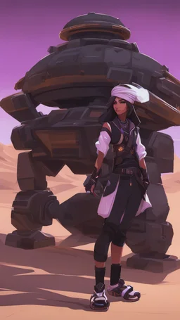 A close picture to Ramattra nemesis form as tank with Arab clothes in overwatch art style with black color and neon purple details in Desert