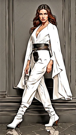 Full body athletic Ukraine female with black wide leg pants, white blouse, face made of a Greek sculpture , long hair, holding a trench cleaver, flat leather pouch on belt, thick heeled shoes