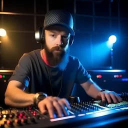 A short brown beard DJ with a baseball hat on his head, sing at microphone, many electronic consoles at club, laser show, FRONT VIEW