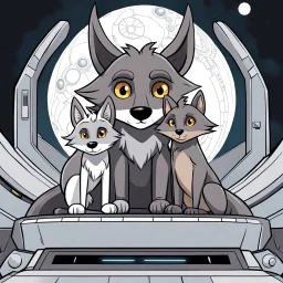 digital art front in picture an of little dark brown catlike creature with big ears, big eyes stands medium close and looking an anthropomorphic wolf couple sitting on the spaceship's ramp close together, the pale gray body hair female wolf sits behind strong male wolf and touths one paw on the dark gray body hair man wolf's shoulder, raini day, on ramp a little piece of meat lies down, high contrast, high detalied, high realistic, in background detail of an angular spaceship visible. Rain