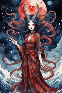 Demon girl wizard behind, cosmic horror, nightmare, galaxy in eyes with dread, truth, alien underwater, fullbody, watercolor illustration by <Katsushika Hokusai>, darkred tones,