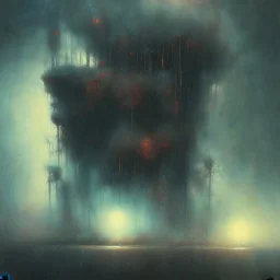 photographic camera in abstract style. fog and smoke in atmosphere. bokeh, lens flare. Dark mood. Dripping paint. oil on canvas, high detailed. beksinski