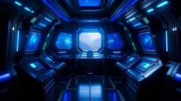 Dark spaceship interior with glowing blue and purple lights. Futuristic spacecraft with large window view on planets in space and control panels. 3D rendering. Pro Photo