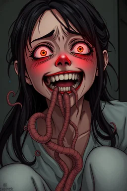 Woman with rare eyes,smiling meanwhile many worms streaming from his mouth, face distorted with pain, screaming, tears streaming, siting pose, fullbody, Junji Ito style, darkred tones,high detailed, 4k resolution, digital paiting, cute, art, no background 3d pixar disney the cinematic FKAA, TXAA, and RTX graphics technology employed for stunning detail.