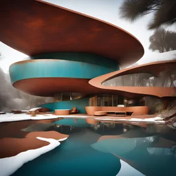 house designed by john lautner, african patterns, textured turquoise, african village, corten steel,reflection, snow, rusty metal, realistic, surreal, african textures, very textured