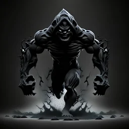3D emblem, a muscular monster made of black mud, in a hood, arms and legs, running at you, an evil look, a gloomy smile, simple background, photorealistic.