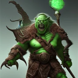 orc mage, Height 250cm, Weight 200kg, Skin color green, Has predator-like eyes, fangs, and claws He holds an old stuff in his hand. Kills humans with ferocious accuracy, Intelligence is that of a human child. Wears crude iron armor