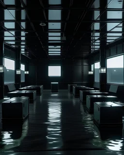 El interior de un cubo, con paredes de ladrillo negro y suelo de linóleum gris brillante. En el interior hay 42 sillas austeras de plástico negras desordenadas. El cubo está inundado de agua. En el techo colgados hay focos de teatro que iluminan la escena. El estilo es futurista.