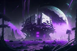 Futuristic Settlement, White Building, Alien Planet, Corrupted Forest, Dense Purple Fog, Dead Soil, Black Night Sky, Stars, Space, Distant Planets