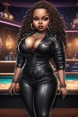 Create a digital airbrush chibi cartoon of a black plus size female wearing a black leather suit with black heels. Prominent make up with brown eyes. Highly detail black shiny locs that flow down her back. Extra-long diamond hoop earrings and jewelry. Background of a night club with a pool table behind her