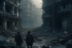 human design, breaking down into pieces, cinematic image, 16K observe a dystopian scenario, destroyed and abandoned city from a side close-up