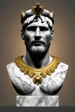 Realistic image, Roman sculpture made in white marble with gold veins, Lionel messi with gold laurel leaves crown, decorative star on the chest, waist up portrait, marble material, gold ornaments, Baroque style, sun rays background, epic, celestial, cinematic lighting, God lights, 4k resolution, smooth details, soft lighting, unreal engine 5, art station, substance 3d.