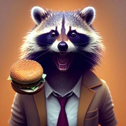 portrait of a male anthropomorphic raccoon holding a burger. character design by cory loftis, fenghua zhong, ryohei hase, ismail inceoglu and ruan jia. unreal engine 5, artistic lighting, highly detailed, photorealistic, fantasy.