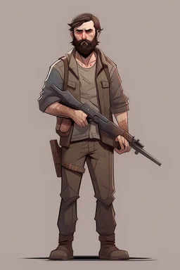 man, beard, brown hair, illustration, looking serious, full body, standing, mean,, looking sideways, holding a riffle