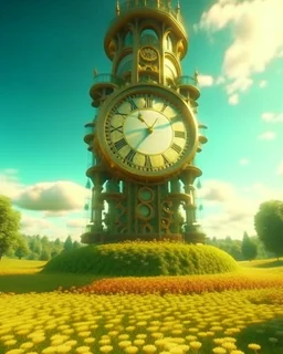 Create a 3d fractal base huge clock on a beautiful tower in a modern town with country houses and green field flowers , with see throgh golden gears rotating , showcasing a harmonious and synchronized movement. fast time passing in a beautiful nature environment