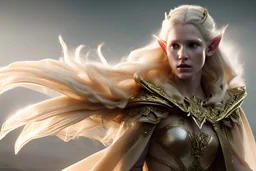 Photoreal gorgeous 40year old radiant powerful blond half-elf wizard queen in expensive intricate tunic casting a powerful protection spell in a ruined flaming hamlet in the ice by lee jeffries, 8k, high detail, smooth render, unreal engine 5, cinema 4d, HDR, dust effect, vivid colors