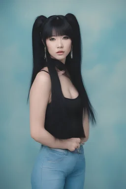 an absolutely gorgeous Chinese female named Christine Sixteen with Long, pitch-black hair, two ponytails, bangs cut straight across forehead, blue eyes, sky blue stained wall in the background, dressed as a member of the Rock and Roll band KISS,