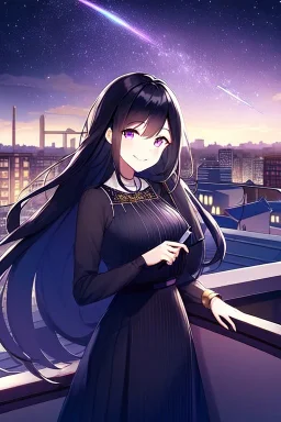 girl, masterpiece, best quality, cinematic lighting, detailed outfit, vibrant colors, perfect eyes long hair, black hair, purple eyes, night sky, starry sky, shooting star, rooftop, town, smile,