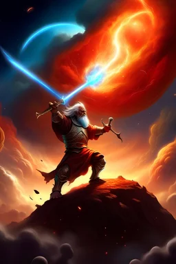 a grandfather holding a machete with fire and lightning above a planet and behind a galaxy and fighting with the devil
