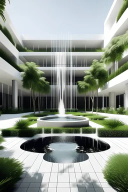 diseño arquitectonico de un centro comercial minimalista con una fuente y vegetacion