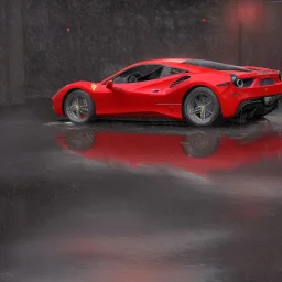 red Ferrari 488 in the rain at night with a lot of reflections