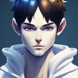 masterpiece - face - anime boy - black hair - portrait- white eyes - white horns on head - sharp eyes- handsome