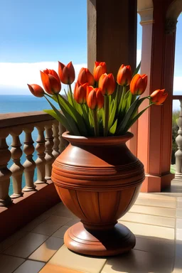 Etruscan urn holding tulips on a wooden porch with a view of the sea in the background