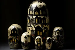A black village in a shadow realm designed in Matryoshka dolls painted by Pablo Picasso