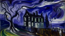 A dark purple haunted mansion with ghosts in a thunderstorm painted by Edvard Munch