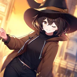 Clear focus, High resolution, short brown spiky hair, hair between eyes, eyes closed, wearing a brown detective hat, wearing a brown jacket and a black shirt, wearing black shorts, 1girl, pulling hat down, smiling, wearing a oversized hoodie