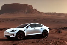 A Tesla 'Model Y' is parked, at the Cydonia region on Mars. (CINEMATIC, WIDE ANGLE LENS, PHOTO REAL)