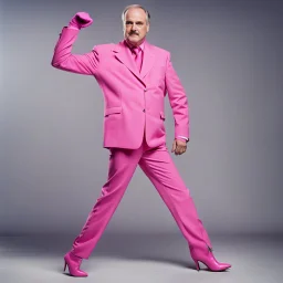 John Cleese with massive muscles in a pink battlesuit pink gloves and pink high heel boots. The Ministry of Silly Walks.