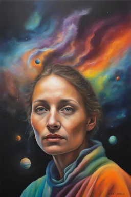 portrait of Heime Jenkels by Splib Turkles oil on canvas, Outer Space, Stars, planets, cosmic clouds, multicolored lightning, galaxies, extremely colorful,