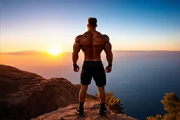a muscular man views sunset from a cliff