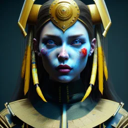 Ukrainian woman, rounded face, hairy, blood, black, blue, yellow, samurai helmet, decorative color feathers, retro, bamboo, leather, soft color, highly detailed, art stations, concept art, smooth, unreal engine 5, god rays, ray tracing, RTX, lumen lighting, ultra detail, volumetric lighting, 3d, finely drawn, high definition, high resolution.